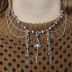 Handcrafted Multi-Chain Cross Pendant Necklace with Grey Beads